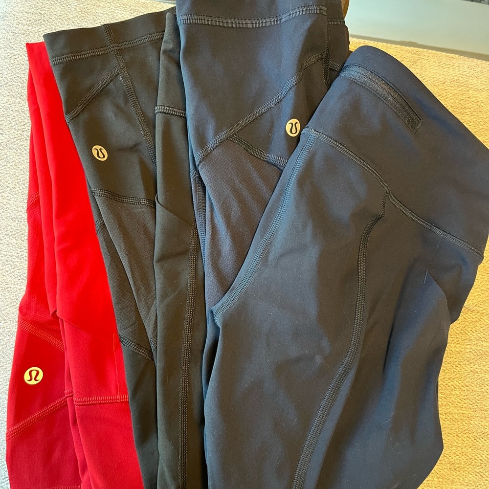 3 Pairs - Lululemon crop leggings size 4 Black, True Navy, Dark Red